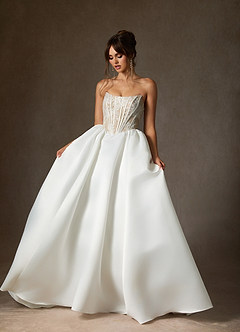 Azazie Mirabeth Wedding Dresses Diamond White Nude Ball-Gown Strapless Lace Dress image6