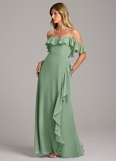 Azazie Aubrie Bridesmaid Dresses Matcha A-Line Off the Shoulder Chiffon Dress image3