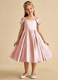 Azazie Favia Flower Girl Dresses Blushing Pink A-Line Off the Shoulder Matte Satin Dress image2