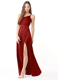 Azazie Naomie Bridesmaid Dresses Pomegranate A-Line Cowl Neckline Side Slit Stretch Satin Dress image4