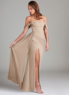Azazie Amyra Bridesmaid Dresses Taupe Sheath Off the Shoulder Chiffon Convertible Dress image2