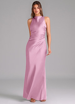 Azazie Evadne Bridesmaid Dresses Candy Pink Sheath Pleated Stretch Satin Dress image3