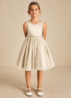 Azazie Sarina Flower Girl Dresses Champagne A-Line Bow Tulle Dress image2