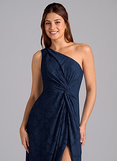 Azazie Brooke Bridesmaid Dresses Dark Navy A-Line One Shoulder Floral Burnout Dress image6