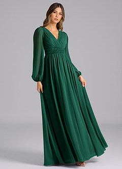 Azazie Palerma At-home Try On Dresses Emerald A-Line Long Sleeve Chiffon Dress image4