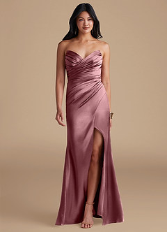 Azazie Yola Bridesmaid Dresses Vintage Mauve Sheath Pleated Metallic Satin Dress image1