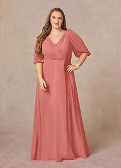 Azazie Bronwyn Abiti per la Madre della Sposa Abito A-Line in Chiffon Increspato con Scollo a V Salmone Rosa image1
