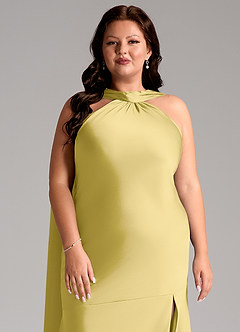 Azazie Kinsley Vestidos de madrinha de casamento Vestido Canário de Cetim elástico de sereia com Racha Lateral image12