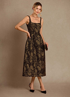 Azazie Auster vestidos de madre de la novia Vestido de Oro Negro de Jacquard de Corte En A con Con bolsillos image6