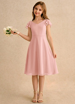 Azazie Narin Girls Formal Flower Girl Dresses Rosette A-Line with Sleeves Chiffon Dress image1