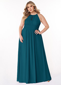 Azazie Bonnie Bridesmaid Dresses Ink Blue A-Line Keyhole Ruched Chiffon Dress image6