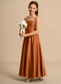 Azazie Pebbles Girls Formal Flower Girl Dresses Copper A-Line Pleated Matte Satin Dress image5