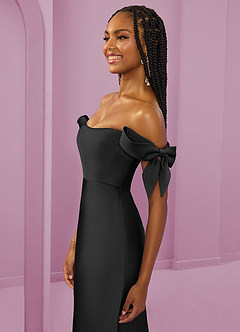 Barbie ♥ Azazie Bridesmaid Dresses Black Sheath Off the Shoulder Stretch Satin Convertible Dress image6