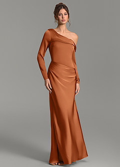 Azazie Sandra Bridesmaid Dresses Copper Mermaid Long Sleeve Stretch Satin Dress image5