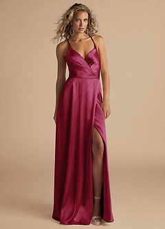 Azazie Davis Bridesmaid Dresses Burgundy A-Line Pleated Metallic Satin Dress image2
