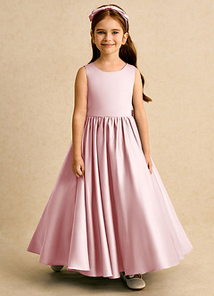 Azazie Nellia Robe Demoiselle D'honneur Fillette Robe Trapèze en Mat Satiné Nœud Rose Poudré image5