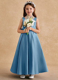 Azazie Honey Bear Flower Girl Dresses Steel Blue A-Line Pleated Matte Satin Dress image3