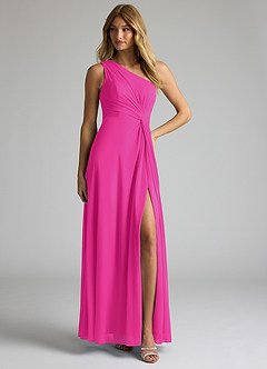 Azazie Brooke Vestidos de damas de honor Vestido de Fucsia de Malla de Corte En A con Hombro unilateral image3