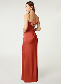 Azazie Desi Bridesmaid Dresses Rust Sheath Halter Corset Stretch Satin Dress image5