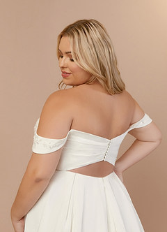 Azazie Joya Wedding Dresses Diamond White A-Line Off the Shoulder Crepe Back Satin Dress image15