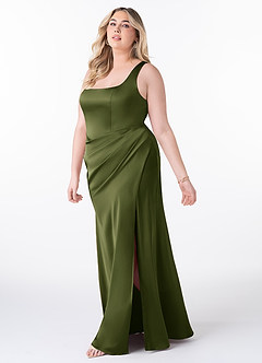 Azazie Mero Bridesmaid Dresses Olive Sheath Pleated Stretch Satin Dress image8
