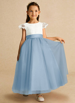 Azazie Pookie Abiti da Ragazza di Fiori Abito A-Line in Tulle Pizzo Azzurro Polvere image4