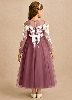 Azazie Lilah Robe Demoiselle D'honneur Fillette Robe Trapèze en Tulle Dentelle Rose Du Désert image2