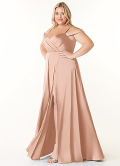 Azazie Ocean Bridesmaid Dresses Rose Gold A-Line V-Neck Pleated Stretch Satin Dress image8