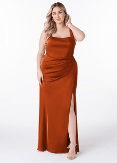 Azazie Mero Bridesmaid Dresses Burnt Orange Sheath Pleated Stretch Satin Dress image6