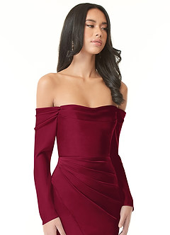 Azazie Hallie Bridesmaid Dresses Burgundy Sheath Off-The-Shoulder Long Sleeve Stretch Satin Convertible Dress image1