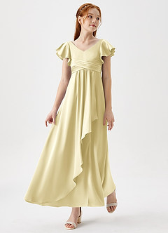 Azazie Omari Junior Lemon Sorbet A-Line Pleated Stretch Satin Dress image1