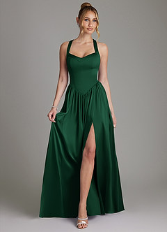 Azazie Francis Bridesmaid Dresses Dark Green A-Line Corset Stretch Satin Dress image3