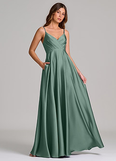 Azazie Amani Vestidos de madrinha de casamento Vestido Eucalipto de Cetim elástico de Linha A com Plissado image4