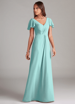 Azazie Soren Vestidos de damas de honor Vestido de Aqua de Gasa de Corte en A con Volante image4