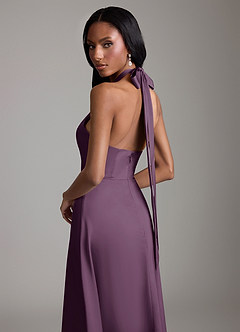 Azazie Tracie Bridesmaid Dresses Plum A-Line Side Slit Stretch Satin Dress image6