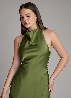 Azazie Sahara Bridesmaid Dresses Olive A-Line Pleated Stretch Satin Dress image7