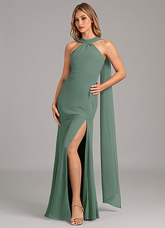 Azazie Kinsley Vestidos de damas de honor Vestido de Eucalipto de Gasa de Corte Sirena con Plisado image5