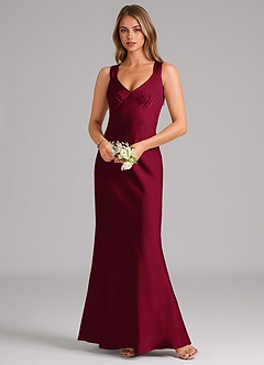 Azazie Kamila Bridesmaid Dresses Burgundy A-Line Pleated Stretch Satin Dress image4
