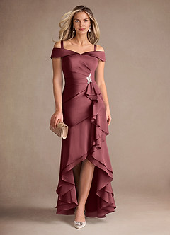 Azazie Billings Moeder van de bruid jurken Zeemeermin Jurk van Stretch Satijn Off the Shoulder Merlot image7