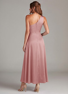 Azazie Brooke 신부 들러리 드레스 A라인 한쪽 어깨 스트레치 새틴 발목 길이 드레스 image7