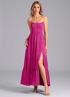 Azazie Leilana Bridesmaid Dresses Fuchsia A-Line Corset Stretch Satin Dress image3