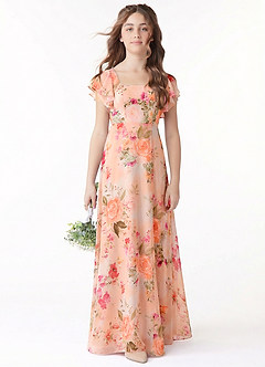 Azazie Bondi Junior Abito A-Line in Chiffon Fiocco Abstract Bouquet Floral image2