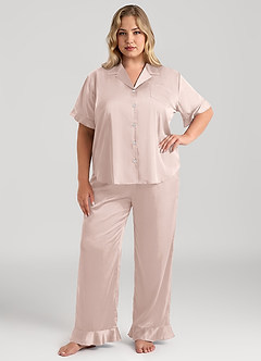 front Matching Color Ruffled Short Sleeve Long Pants Pajama Set
