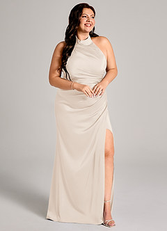 Azazie Jemma 신부 들러리 드레스 쉬스 주름진 스트레치 새틴 바닥 길이 드레스 image11