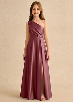 Azazie Puddles Girls Formal Robe Demoiselle D'honneur Fillette Robe Trapèze en Satin extensible Une épaule Rose Du Désert image6