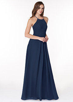 Azazie Ginger Vestidos de damas de honor Vestido de Azul Marino Oscuro de Gasa de Corte en A con Halter Plisado image1