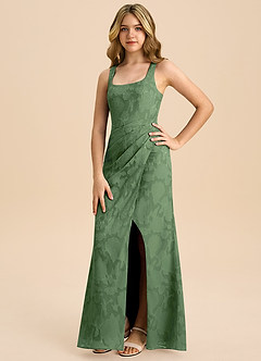 Azazie Mero Junior Eucalyptus Sheath Pleated Floral Burnout Dress image5