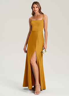 Azazie Lidia Bridesmaid Dresses Butterscotch Mermaid Side Slit Stretch Satin Dress image9