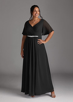 Azazie Tricia Mother of the Bride Dresses Black A-Line V-Neck Pleated Chiffon Dress image10