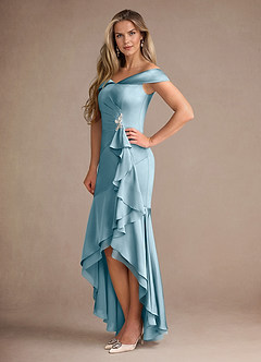 Azazie Billings Mother of the Bride Dresses Moody Blue Mermaid Off the Shoulder Stretch Satin Dress image2
